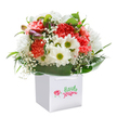 The spirit of Kenton blossoms in this delightful arrangement, lovingly presented in a clean-lined square white gift bag. Plump, coral and red carnations unfurl in soft, textured waves, while white daisies with glowing yellow-green centres inject a joyful, sunlit note, bright as a walk through Preston Park in full bloom. Wisps of white baby's breath float between the primary blooms, their airy grace evoking innocence and gentle care. Clusters of unopened purple-tinged buds lend depth and curiosity, making the bouquet feel as alive with possibility as a new day in Kenton. Broad, glossy green leaves anchor the display, gracefully arching around the base like a nurturing embrace. The white ribbon handles on the bag hint at readiness for a heartfelt delivery-perhaps a special birthday, a congratulatory moment, or a simple wish to uplift a friend on Kenmore Avenue. Set against a pure white background, every colour is crisp and every curve defined, reflecting the freshness and craftsmanship of the local florist. This is a bouquet designed not just to beautify a space, but to share happiness-and welcome a little piece of Kenton's warmth wherever it is delivered.